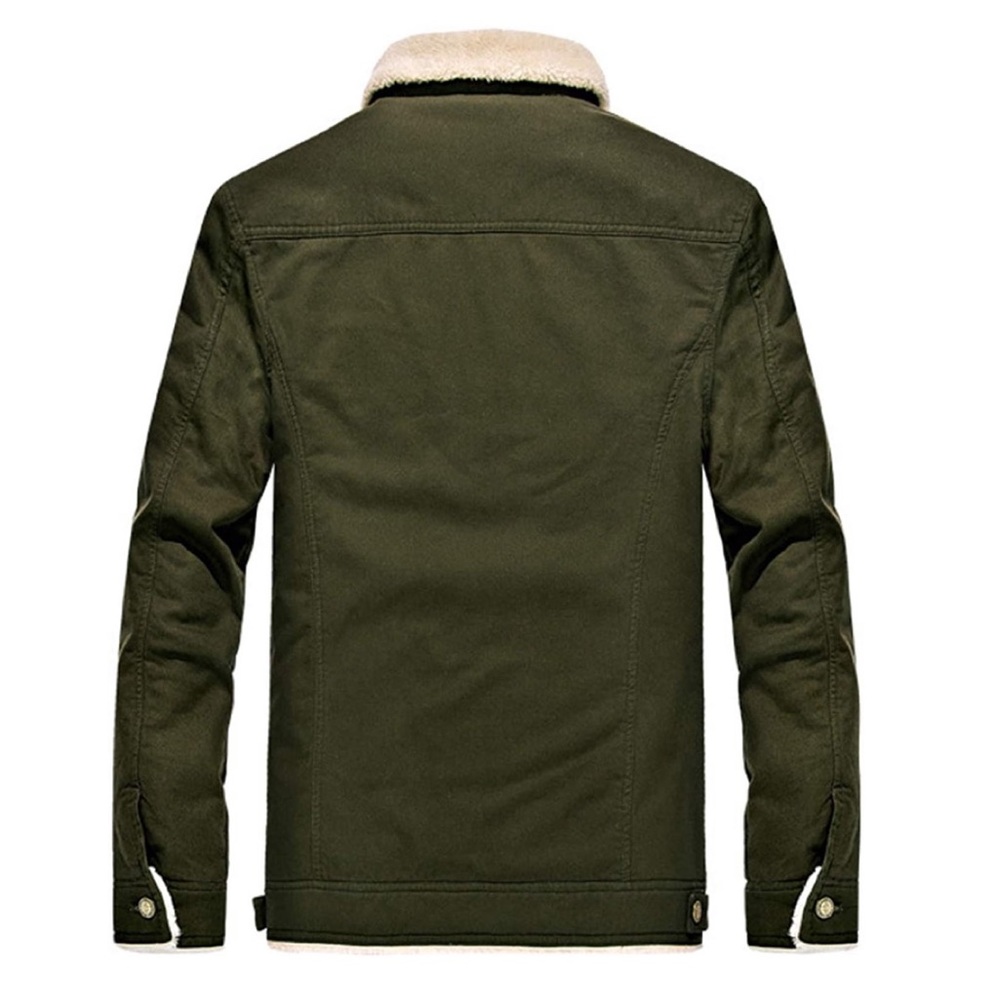 Army Green Button Up Sherpa Fleece Lined Denim - Picture 2 of 7